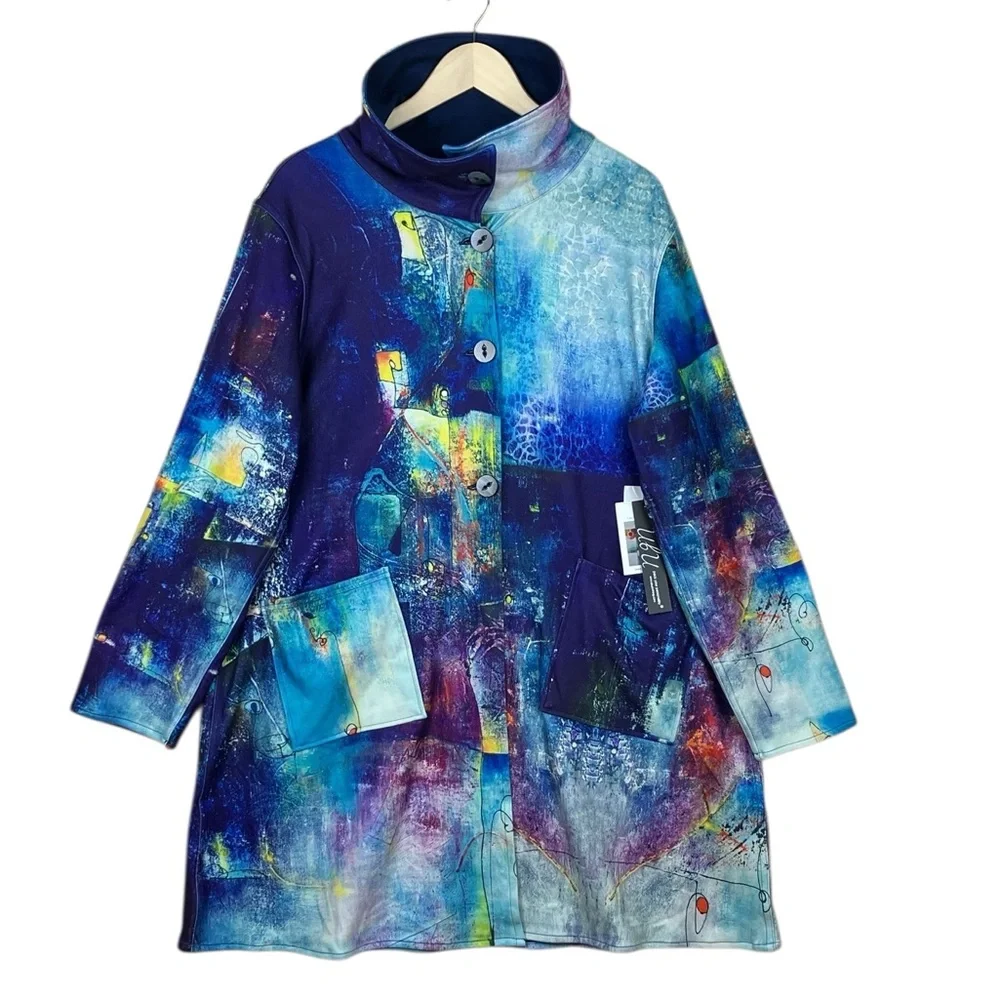 UbU REVERSIBLE Abstract Long Jacket Art To Wear Stretch Knit NWT